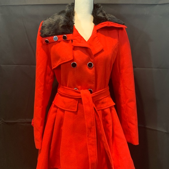 Jackets & Blazers - ❤️HP-Red A-line Coat, lined w/ black collar & belt